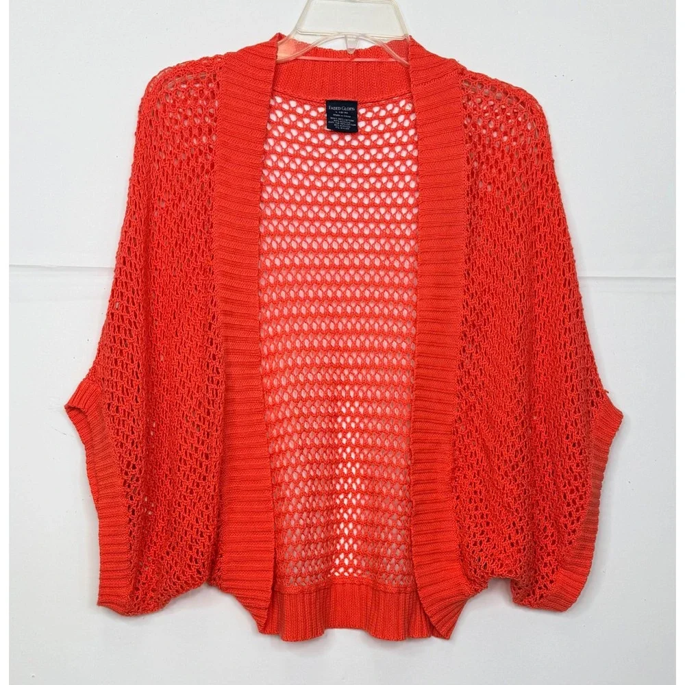 Faded Glory Crochet Cardigan Womens L Coral Open Knit Mesh Shrug Beach Preppy